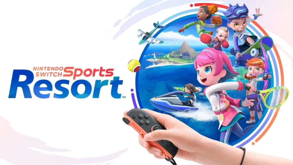 Arte oficial de Nintendo Switch Sports Resort com personagens e modalidades esportivas